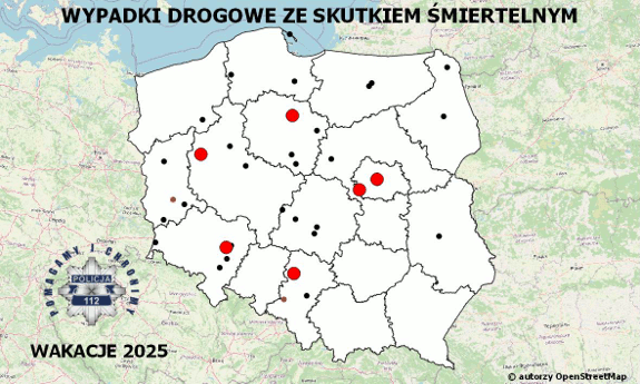 Policyjna mapa wypadków drogowych ze skutkiem śmiertelnym – Wakacje 2025