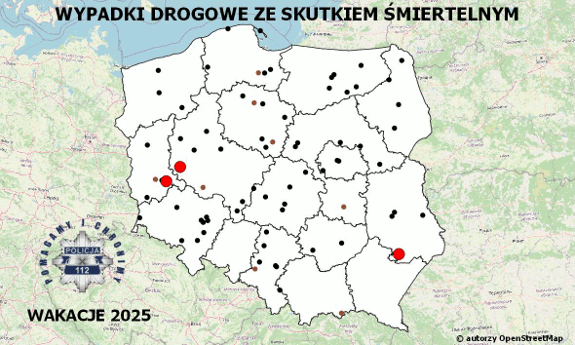 Policyjna mapa wypadków drogowych ze skutkiem śmiertelnym – Wakacje 2025