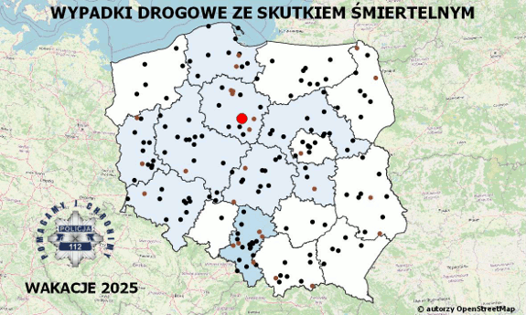 Policyjna mapa wypadków drogowych ze skutkiem śmiertelnym – Wakacje 2025
