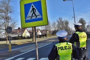 Policjanci na tle znaku oznaczającego przejście dla pieszych.